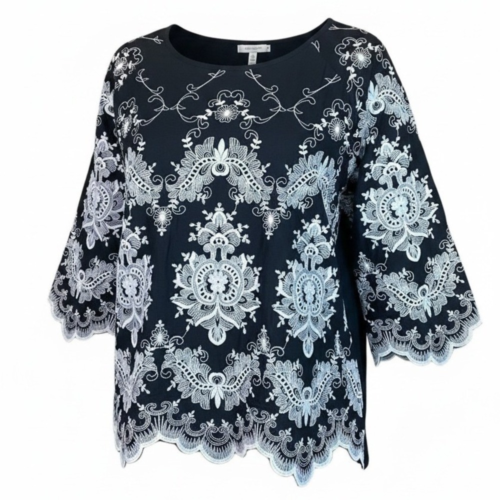 Leo & Nicole Women Black White Embroidered Scalloped Hem Blouse Top Large #113Z